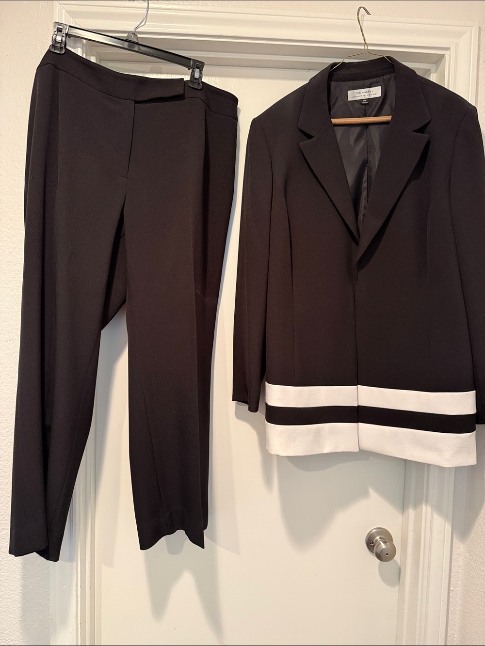 Tahari Black Blazer & Pants Suit with White Hem Band